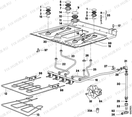 Взрыв-схема плиты (духовки) Electrolux EK6163/1 - Схема узла Oven and Top functional parts